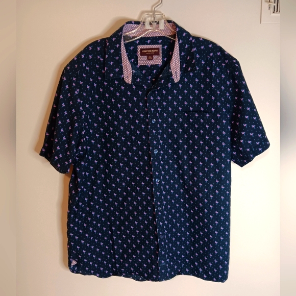 Johnston & Murphy Button Up Shirt Flamingo Print Blue Sz Xl 100% Cotton - Picture 1 of 6